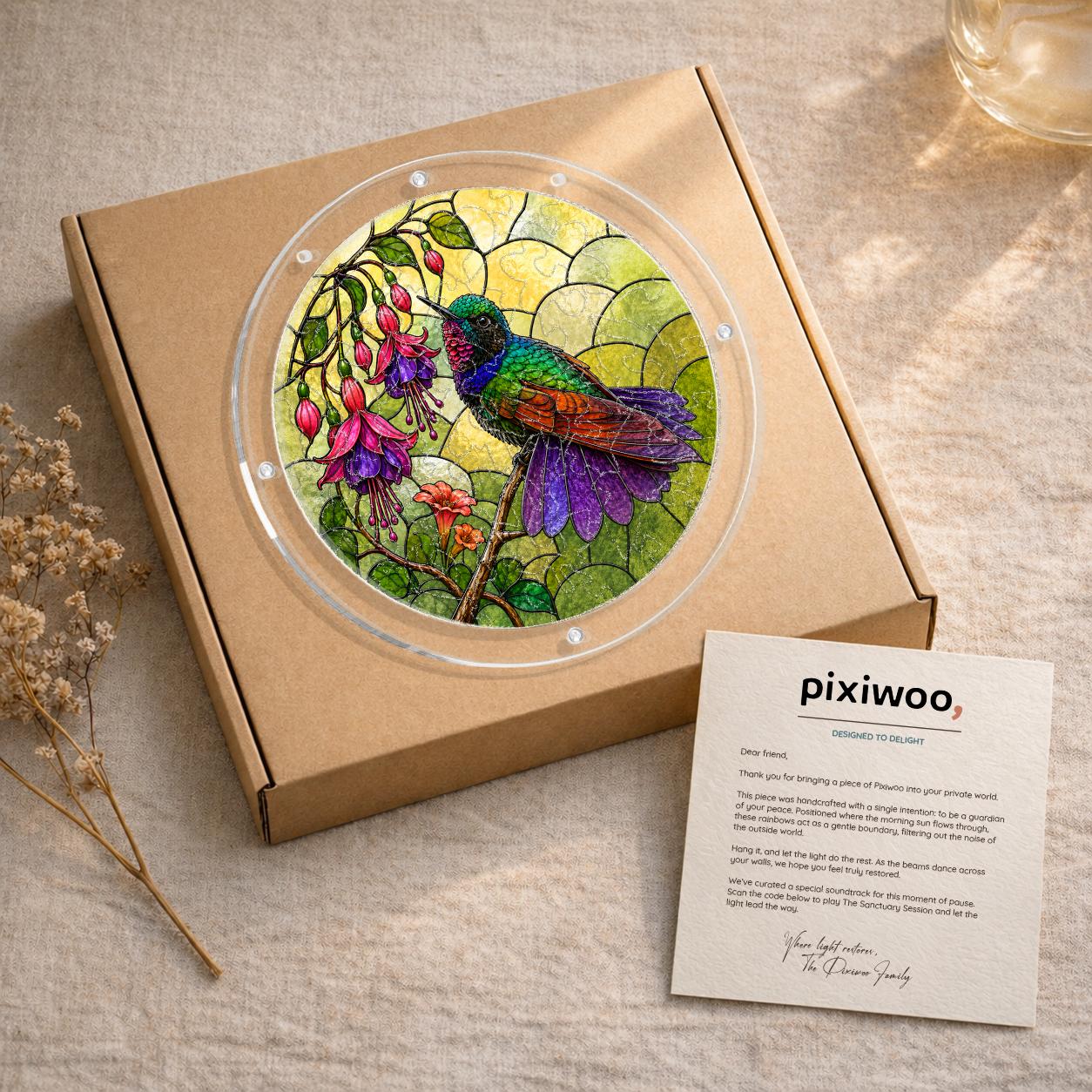 Hummingbird fuchsia acrylic puzzle suncatcher packed in a kraft gift box with instruction card and puzzle pieces