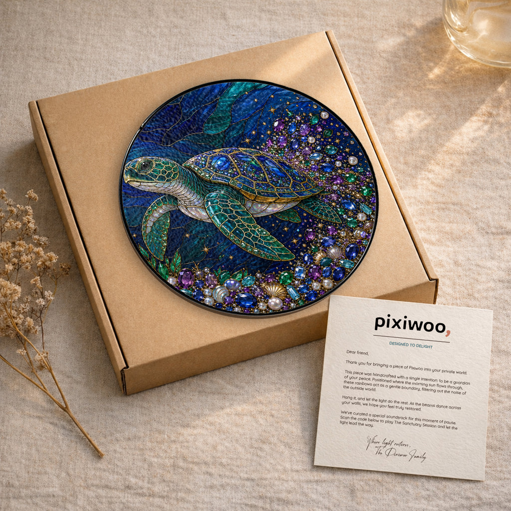 Sea turtle ocean suncatcher displayed on kraft gift box with Pixiwoo message card, perfect coastal gift for turtle lovers