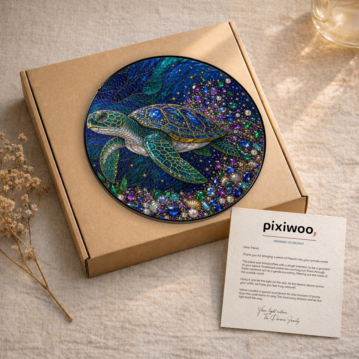 Sea turtle ocean suncatcher displayed on kraft gift box with Pixiwoo message card, perfect coastal gift for turtle lovers