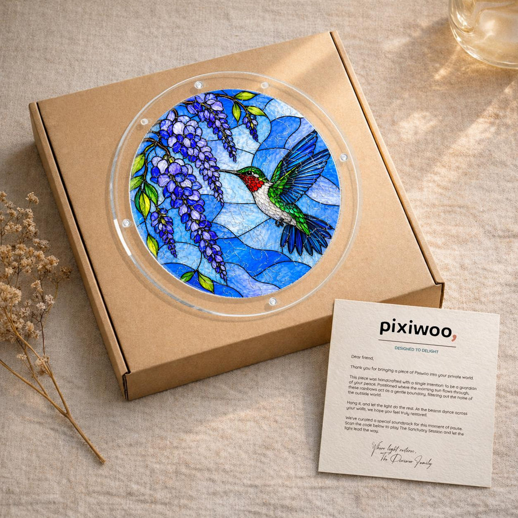 Hummingbird wisteria acrylic puzzle suncatcher packed in a kraft gift box with instruction card