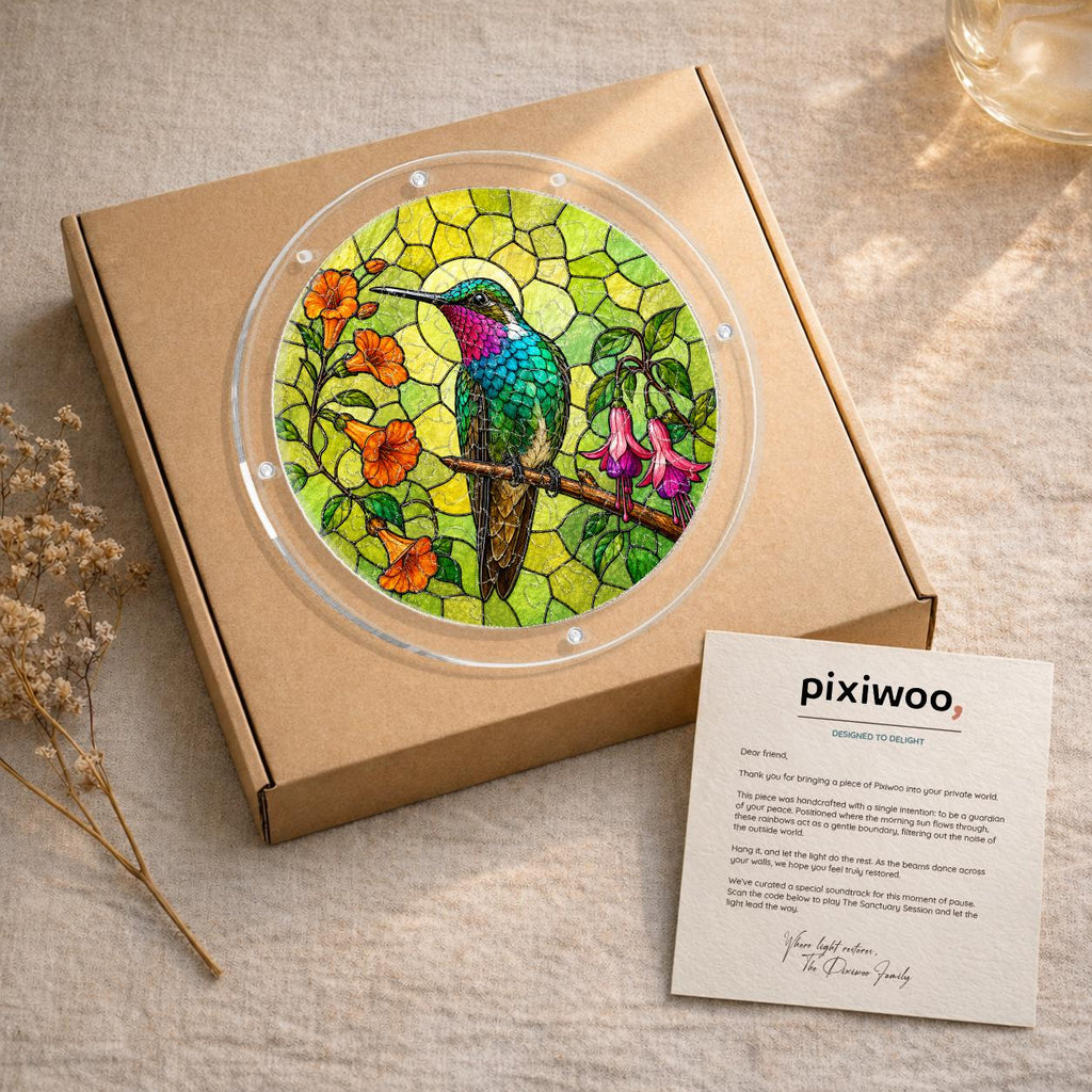 Hummingbird floral acrylic puzzle suncatcher presented in a kraft gift box with instruction card