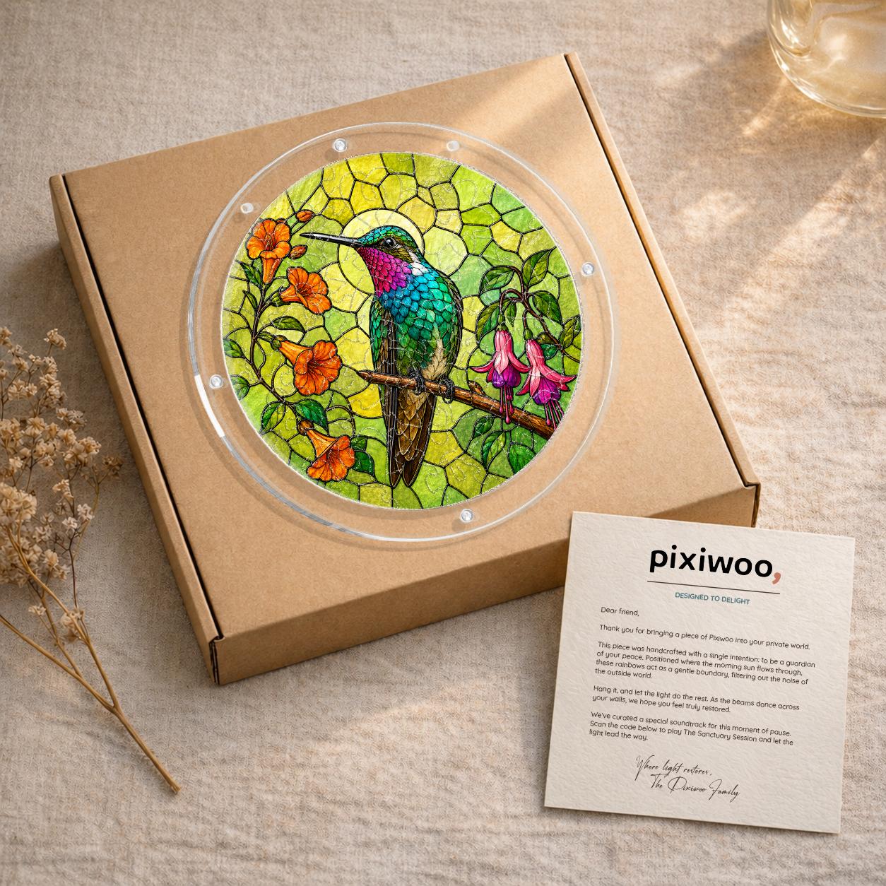 Hummingbird floral acrylic puzzle suncatcher presented in a kraft gift box with instruction card