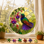 Round hummingbird fuchsia acrylic puzzle suncatcher hanging in a sunny window with colorful puzzle pieces below