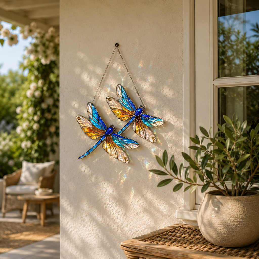 Double Dragonfly holographic acrylic suncatcher displayed on a patio wall beside a potted plant in warm natural sunlight.