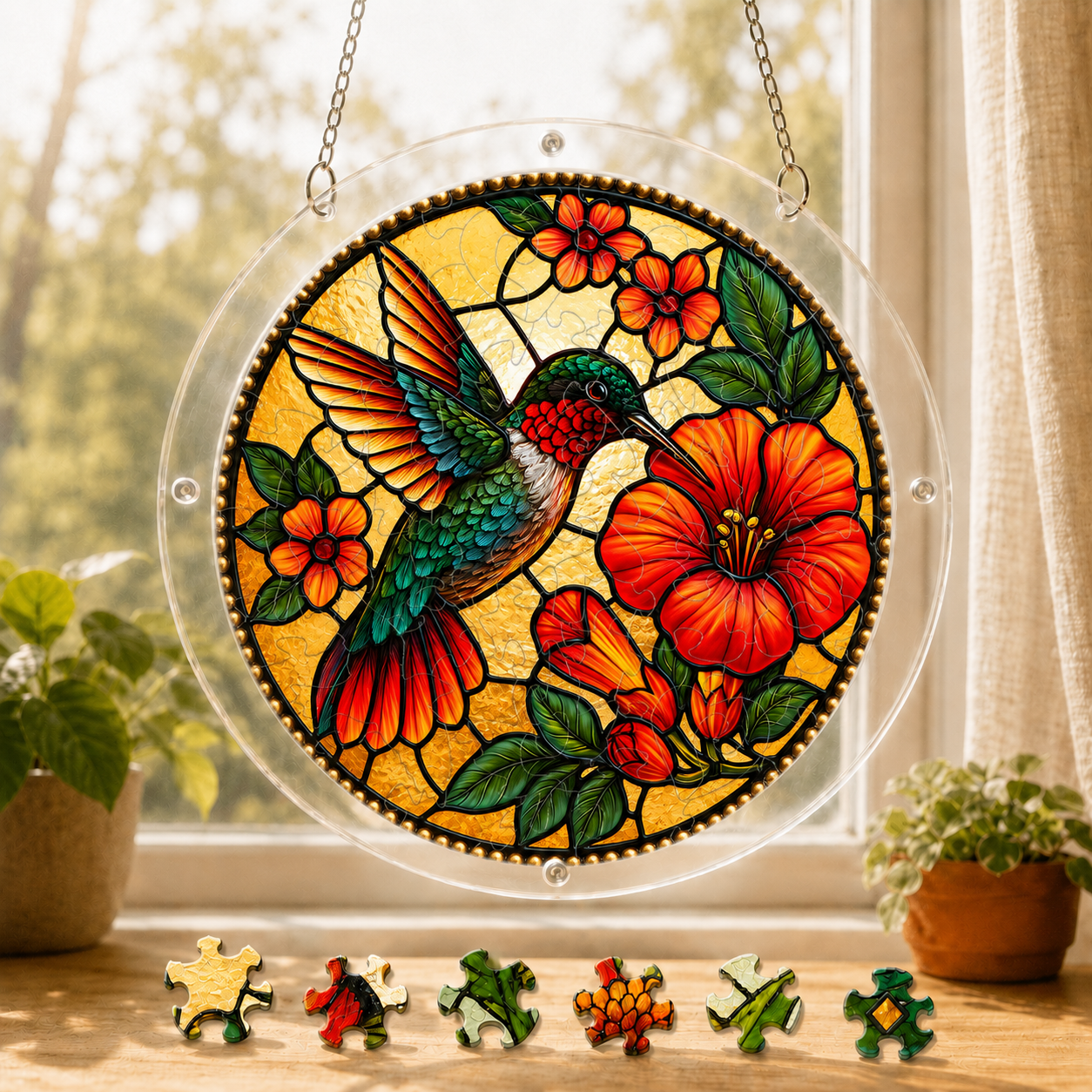 Round hummingbird and hibiscus acrylic puzzle suncatcher hanging in a sunny window with colorful puzzle pieces below