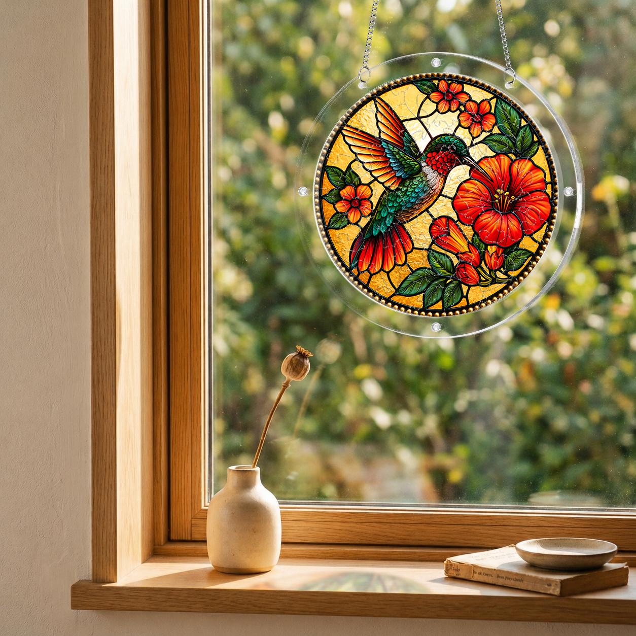 Round hummingbird hibiscus puzzle suncatcher hanging in a cozy indoor window with soft daylight