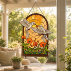 Hummingbird poppy garden suncatcher hanging in a bright patio or sunroom window with soft seating and garden view.