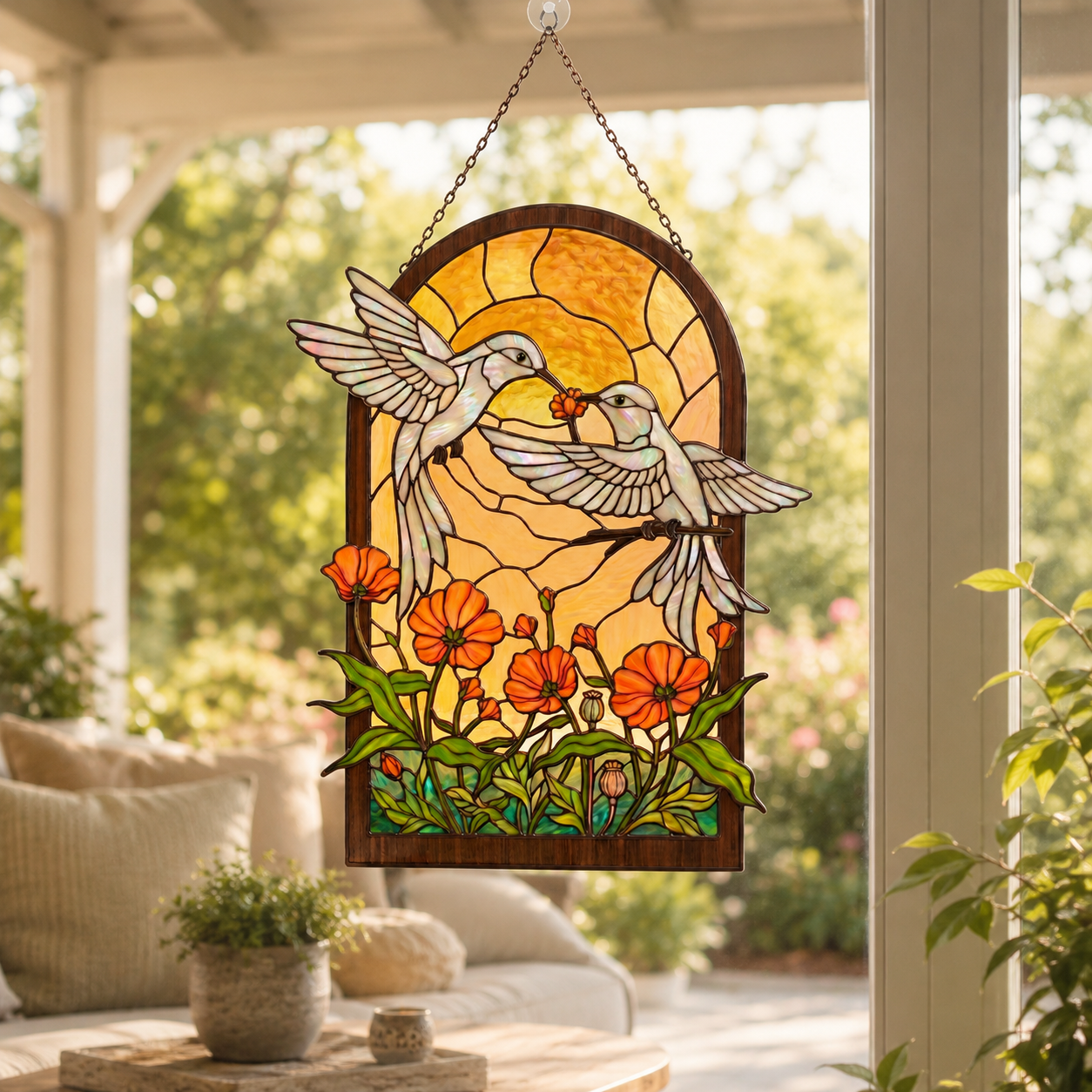 Hummingbird poppy garden suncatcher hanging in a bright patio or sunroom window with soft seating and garden view.