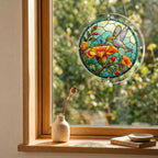 Round hummingbird floral puzzle suncatcher hanging in a cozy indoor window with soft natural daylight