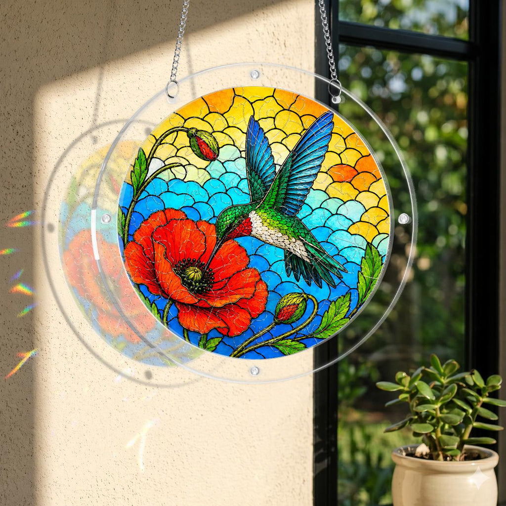 Round stained glass style hummingbird poppy suncatcher hanging on a window with soft natural sunlight
