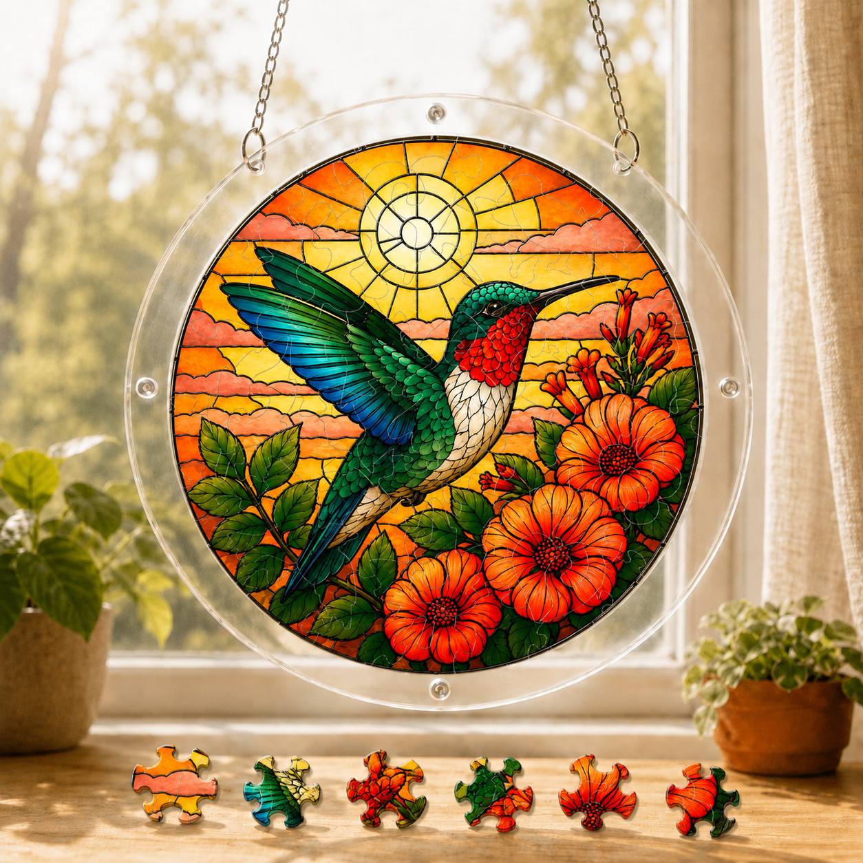 Round hummingbird sunrise and orange flower acrylic puzzle suncatcher hanging in a sunny window with colorful puzzle pieces below