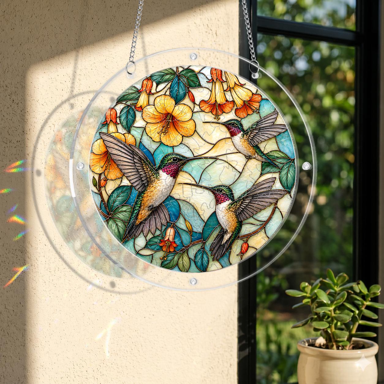Round stained-glass-style hummingbird flower suncatcher hanging in a sunlit window