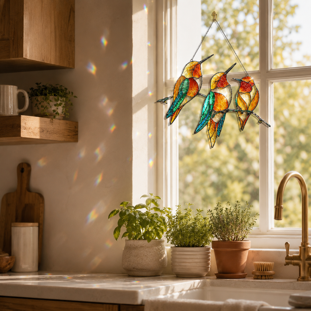 Triple hummingbirds holographic acrylic suncatcher hanging in a bright kitchen window, with soft rainbow reflections across the wall, countertop, and potted herbs.