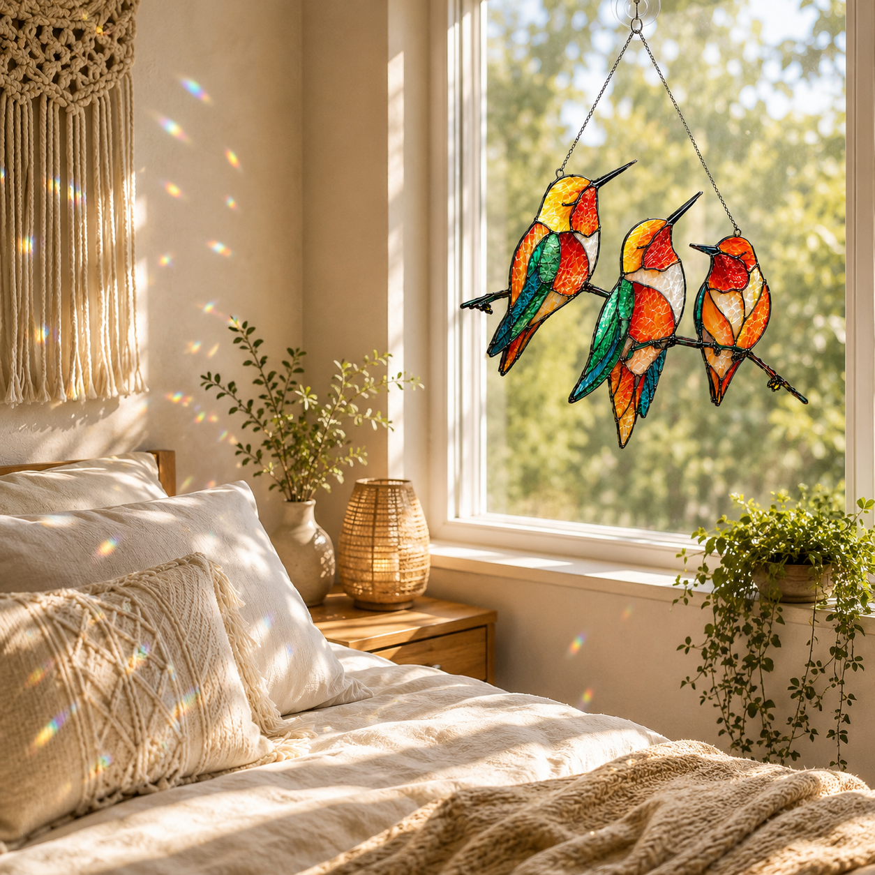Triple hummingbirds holographic acrylic suncatcher displayed by a bedroom window, adding soft rainbow reflections to a bright and cozy sleeping space.
