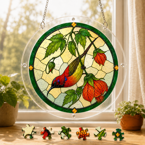 Round red songbird and autumn leaf acrylic puzzle suncatcher hanging in a sunny window with colorful puzzle pieces below