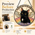 Artwork preview process for personalized pet memorial suncatcher showing email preview, review first, request small changes, and approve before production.