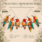 Front and back view of the Colorful Triple Hummingbirds holographic acrylic suncatcher, showing double-sided artwork with holographic effect on the front side and clean printed artwork on the back.