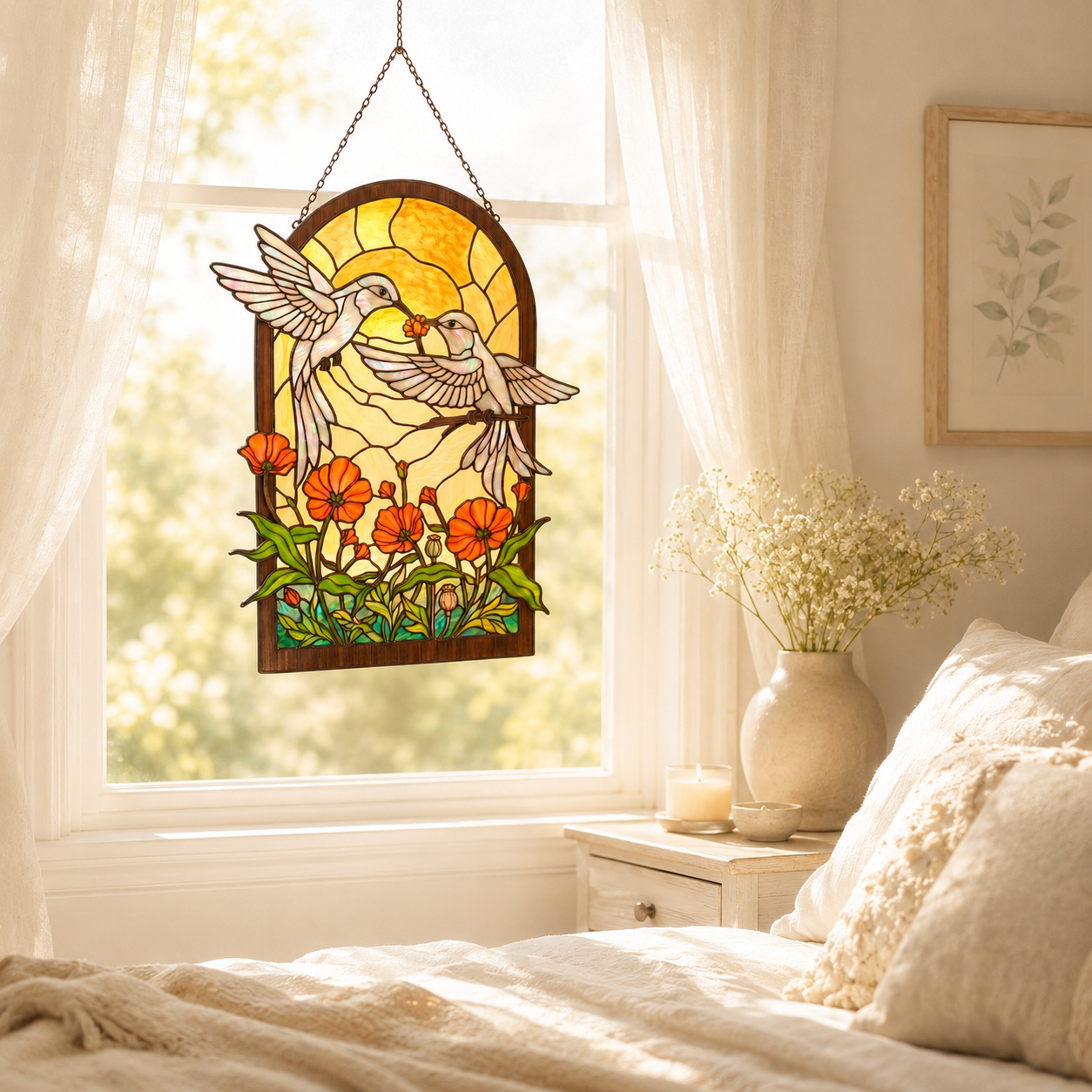 Hummingbird poppy garden suncatcher hanging in a soft sunlit bedroom window with neutral bedding and floral decor.