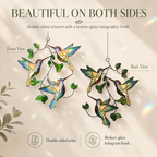 Front and back views of the Hummingbird Leaf holographic acrylic suncatcher with double-sided artwork and broken-glass hologram finish.