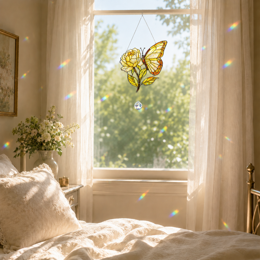 Stained glass butterfly hanging above a bed with a window view of greenery