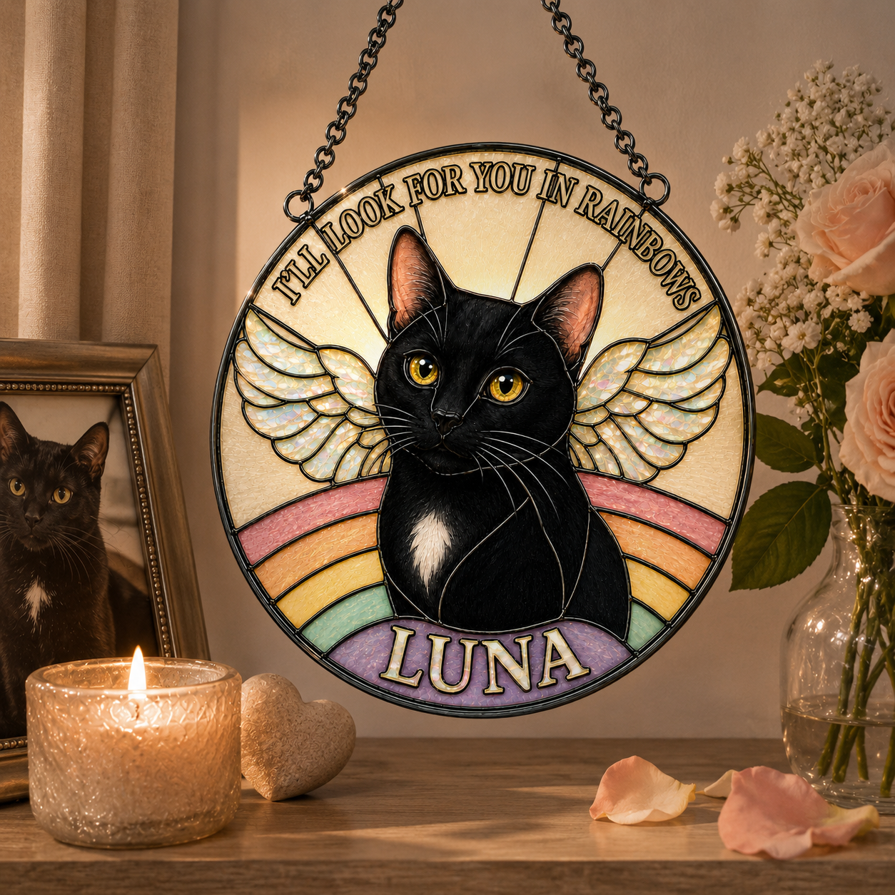 Decorative stained glass panel with a black cat, rainbow, and text 'I'll look for you in rainbows Luna' on a shelf with a candle and flowers.