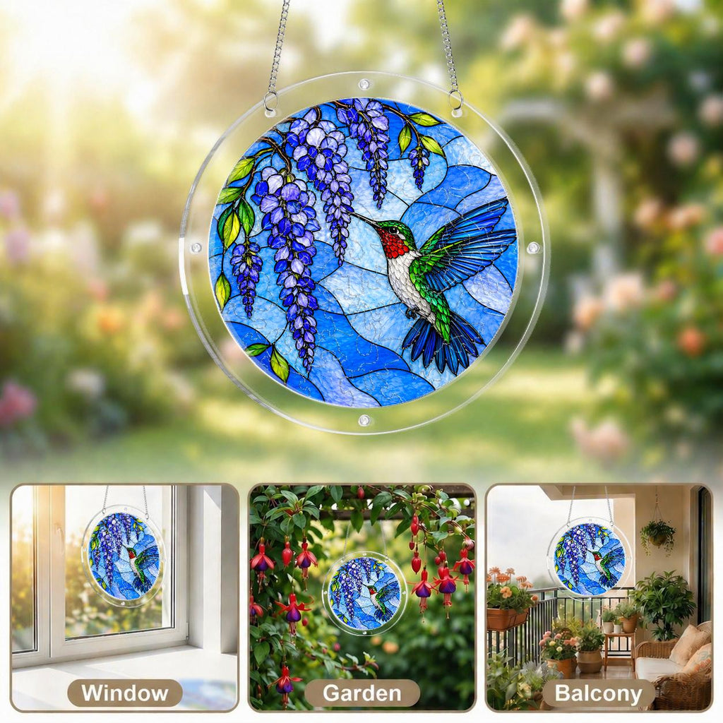 Collage of hummingbird wisteria puzzle suncatcher displayed by windows with colorful light effects