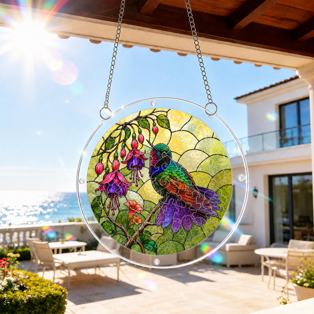 Hummingbird fuchsia acrylic puzzle suncatcher hanging on an outdoor patio window with a sunny balcony view