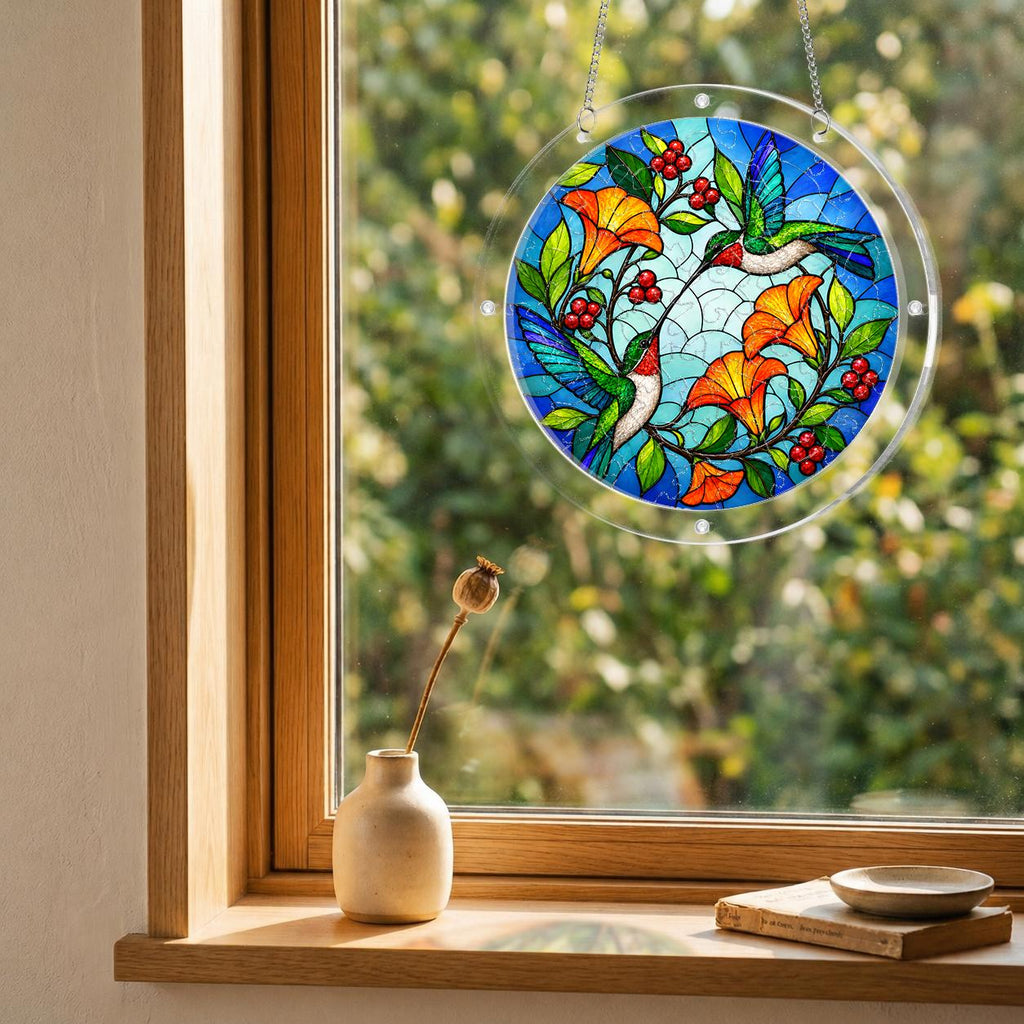 Round hummingbird floral puzzle suncatcher hanging in a cozy window with warm natural sunlight