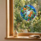 Round hummingbird floral puzzle suncatcher hanging in a cozy window with warm natural sunlight