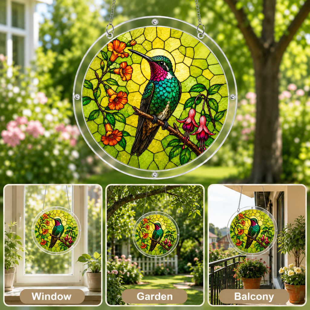 Stained glass panel of a hummingbird and flowers hanging outdoors with garden and window background.