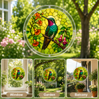 Stained glass panel of a hummingbird and flowers hanging outdoors with garden and window background.