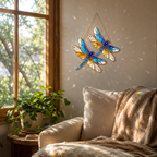 Double Dragonfly holographic acrylic suncatcher hanging in a cozy living room corner near a sunlit window with rainbow reflections.