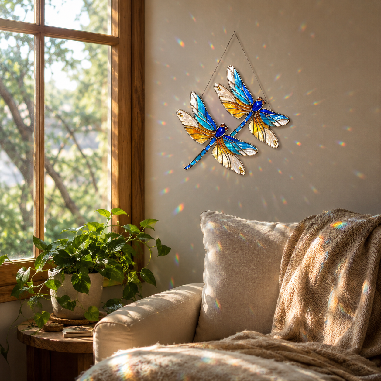 Double Dragonfly holographic acrylic suncatcher hanging in a cozy living room corner near a sunlit window with rainbow reflections.