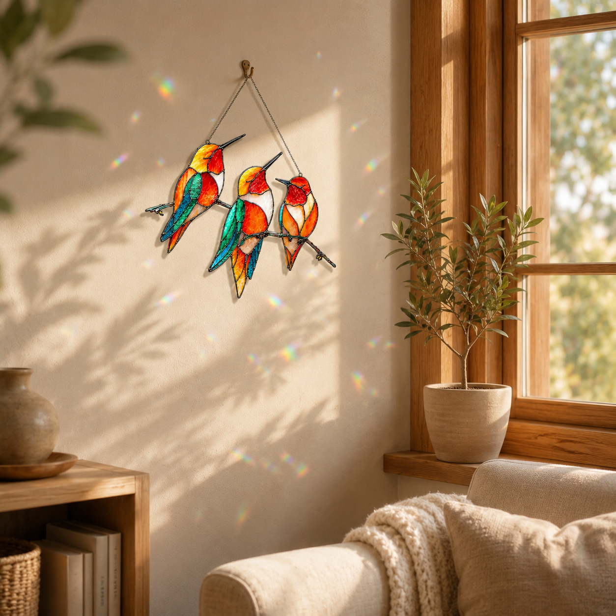 Triple hummingbirds holographic acrylic suncatcher hanging in a sunlit living room corner, creating colorful light reflections on the wall and sofa.