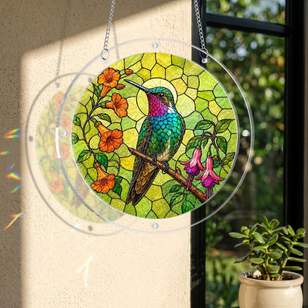 Round stained-glass-style hummingbird floral puzzle suncatcher hanging in warm natural window light