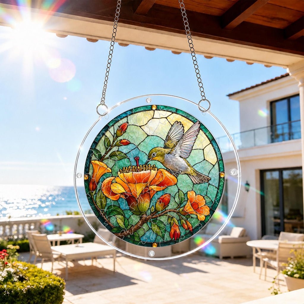 Hummingbird and orange flower acrylic puzzle suncatcher hanging on an outdoor patio window in bright sunlight