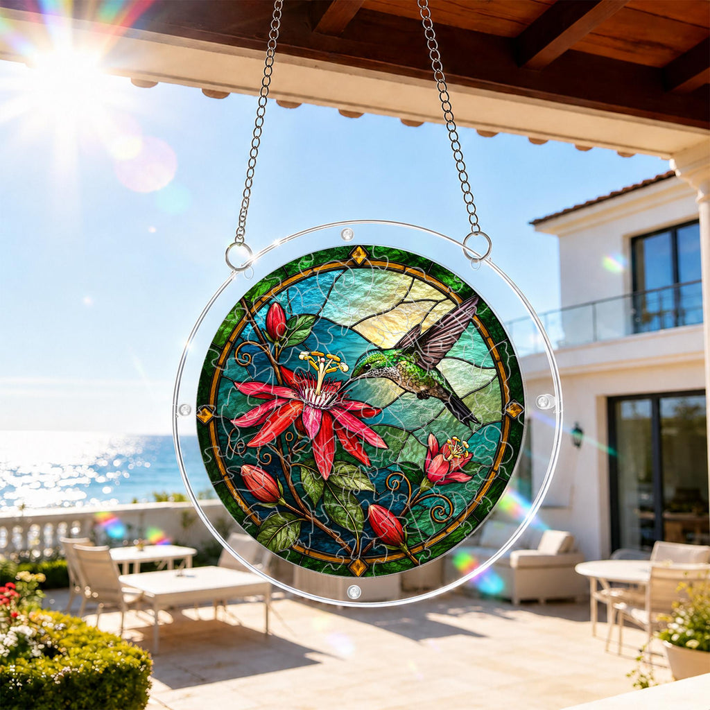 Hummingbird red flower acrylic puzzle suncatcher hanging outdoors on a sunny patio window