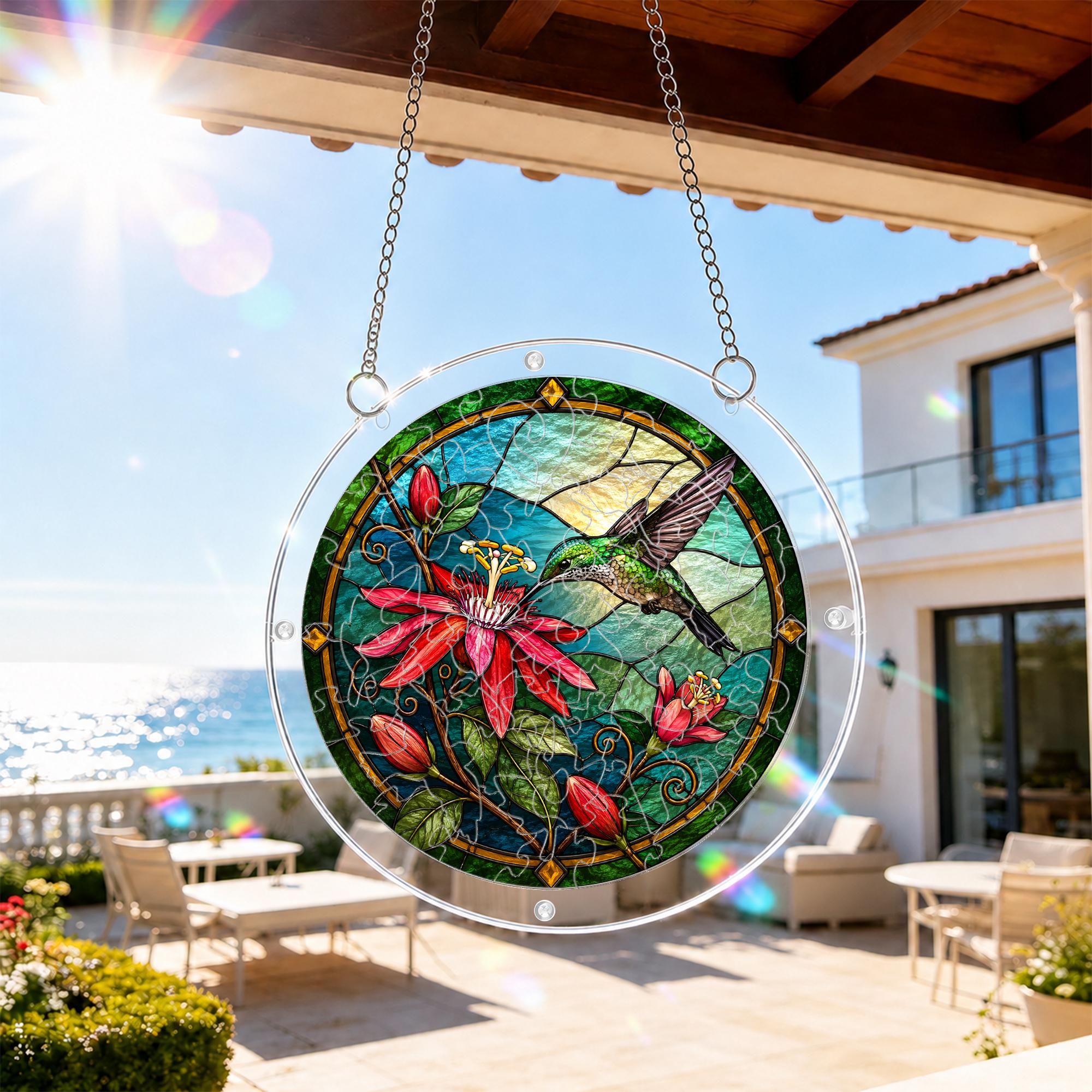 Hummingbird red flower acrylic puzzle suncatcher hanging outdoors on a sunny patio window