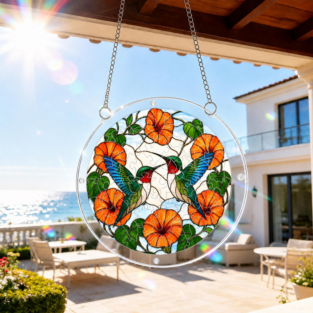 Crane floral acrylic puzzle suncatcher hanging on an outdoor patio window in bright daylight