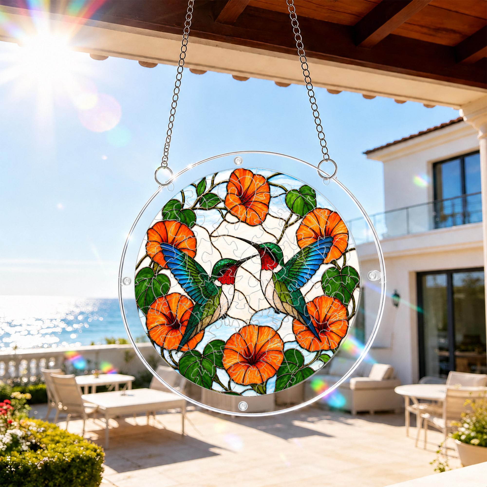 Crane floral acrylic puzzle suncatcher hanging on an outdoor patio window in bright daylight