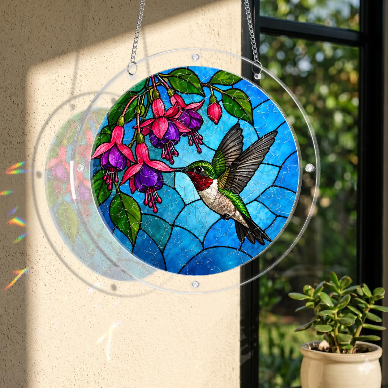Round stained-glass-style hummingbird and fuchsia puzzle suncatcher hanging in warm natural window light