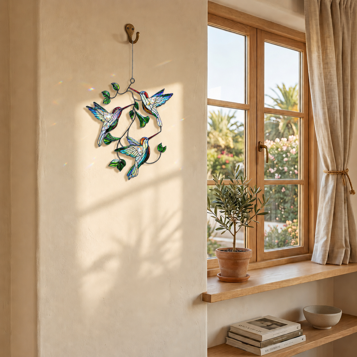 Hummingbird Leaf holographic acrylic suncatcher hanging on a warm sunlit wall beside a wooden window and potted plant.