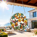 Hummingbird floral acrylic puzzle suncatcher hanging on an outdoor patio window in bright daylight