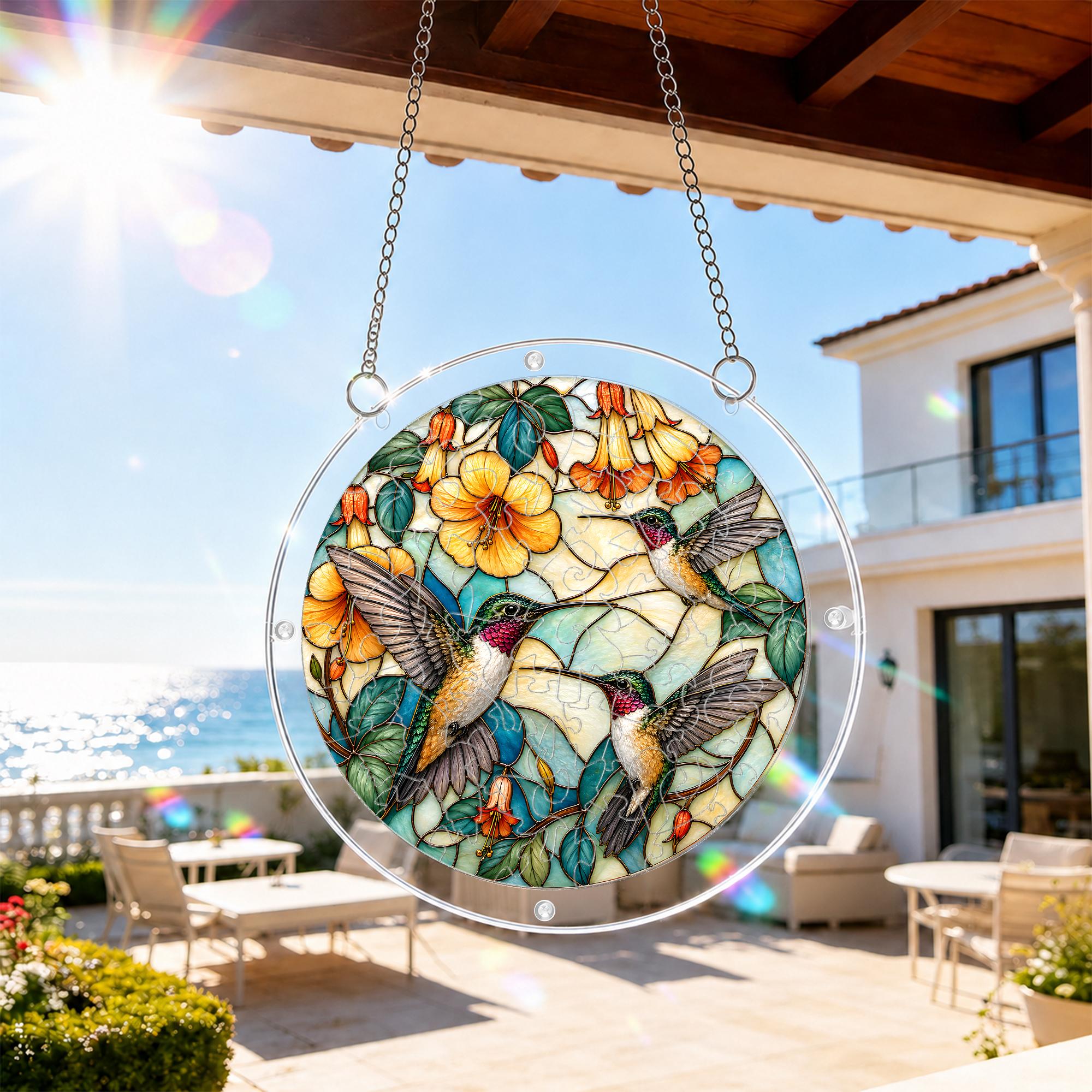 Hummingbird yellow flower acrylic puzzle suncatcher hanging on an outdoor patio window in bright sunlight