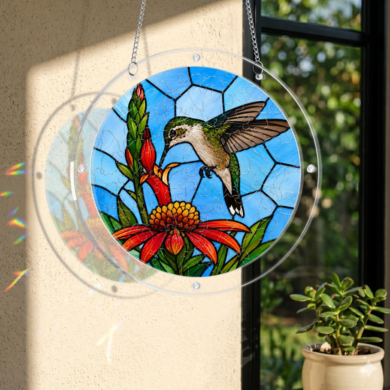 Round stained-glass-style hummingbird floral puzzle suncatcher hanging in natural window light