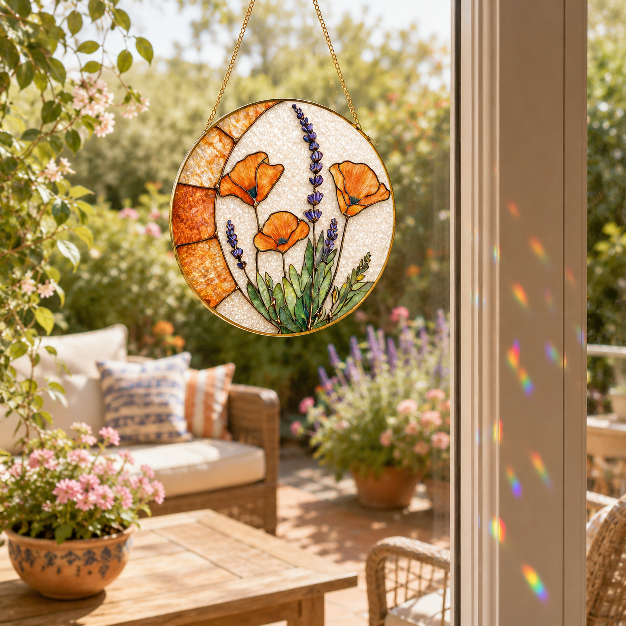 Floral stained glass suncatcher with orange flowers and lavender stems hanging near a patio window with plants, garden view, and warm natural light