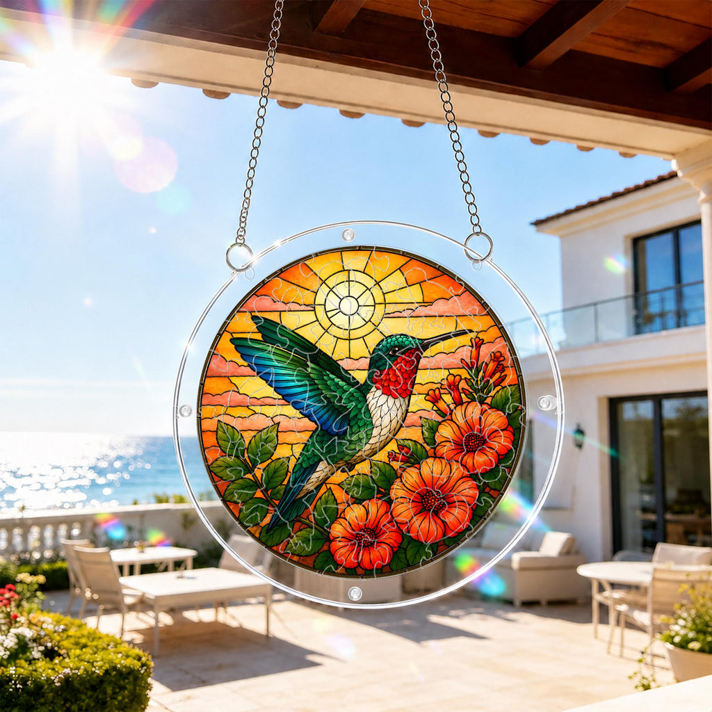 Hummingbird sunrise acrylic puzzle suncatcher hanging on an outdoor patio window in bright daylight