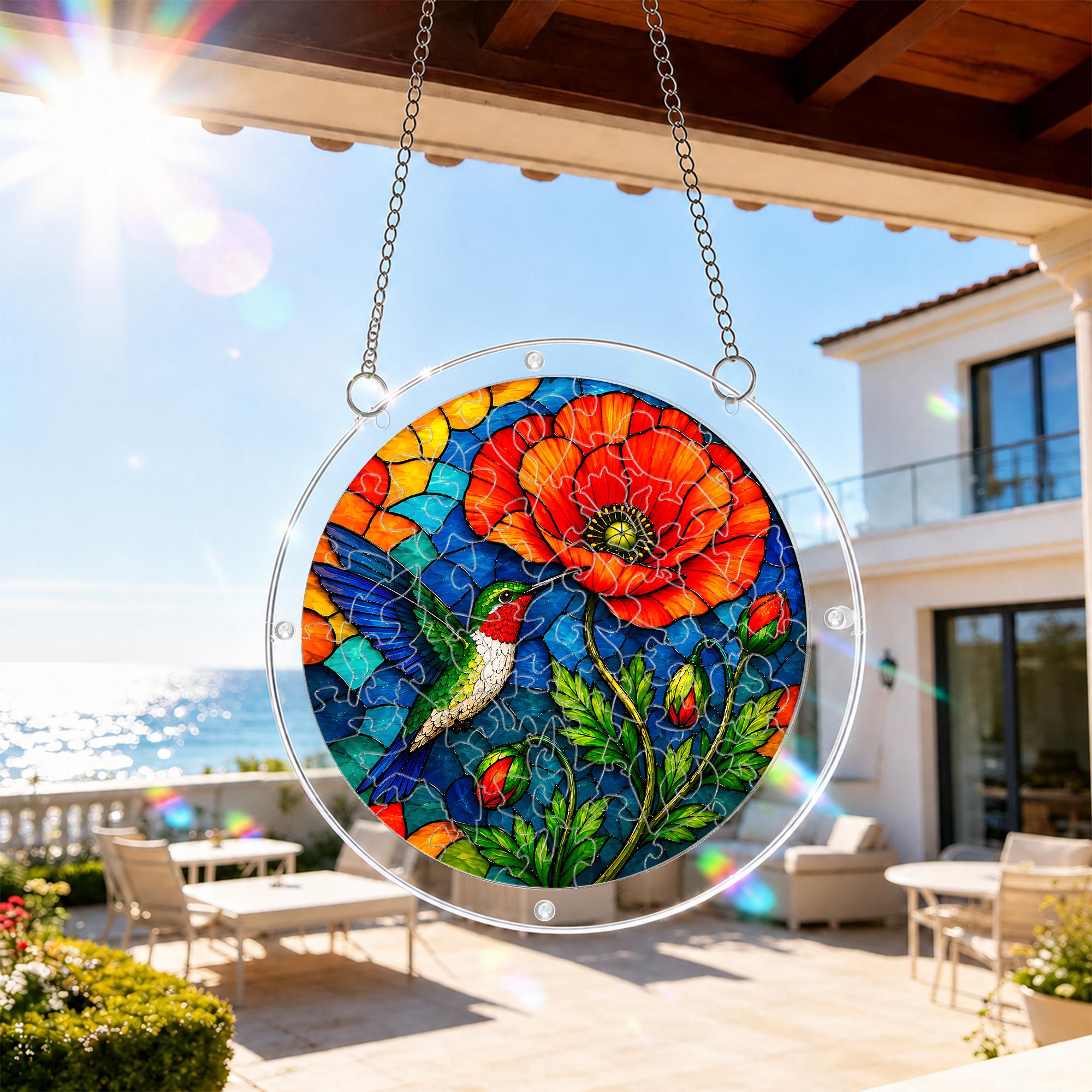 Hummingbird red poppy acrylic puzzle suncatcher hanging on a patio window with a sunny outdoor view