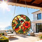 Hummingbird hibiscus acrylic puzzle suncatcher hanging on an outdoor patio window in bright sunlight