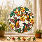 Round hummingbird yellow flower acrylic puzzle suncatcher hanging in a sunny window with colorful puzzle pieces below